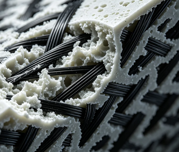 Microscopic cross-section of fiber-reinforced composite showing carbon fibers embedded in polymer matrix with detailed fiber-matrix interface structure