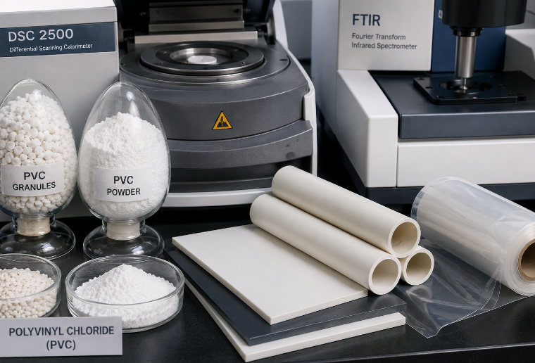 PVC material characterization setup showing granules, powder samples and analytical instruments including DSC and FTIR for comprehensive material analysis