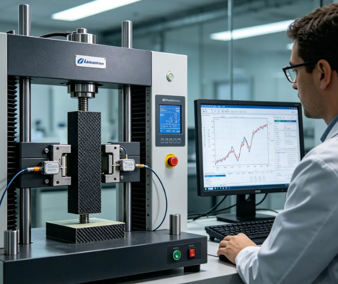 Advanced composite tensile testing setup in materials laboratory showing universal testing machine with strain gauges and digital monitoring equipment for evaluating mechanical properties