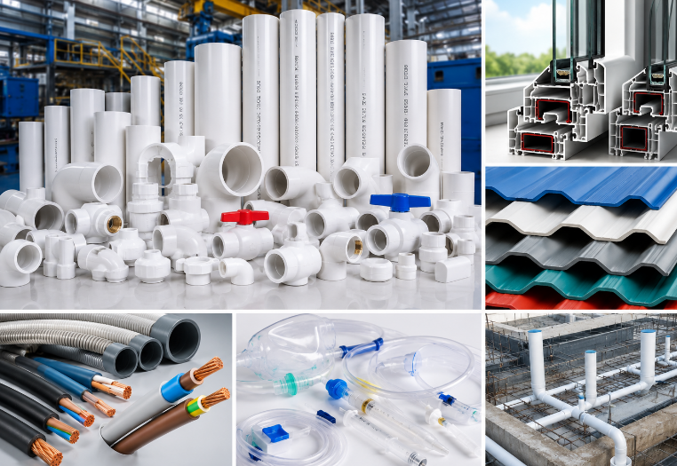Diverse PVC applications including pipes, cables, construction profiles and medical tubing demonstrating material versatility across industries