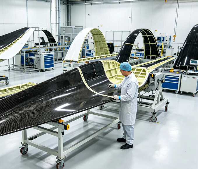 Aerospace composite manufacturing facility showing carbon fiber aircraft components and quality inspection of composite structural elements
