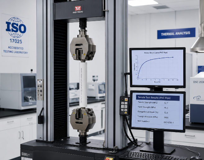 Modern PVC testing laboratory showing universal testing machine with pipe specimen and digital monitoring equipment for mechanical property evaluation