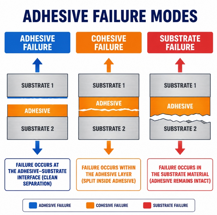 Three adhesive failure modes — adhesive failure, cohesive failure, and substrate failure