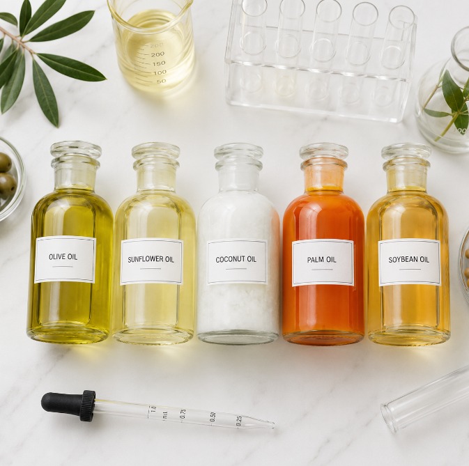 Collection of different vegetable oil types arranged for laboratory quality testing