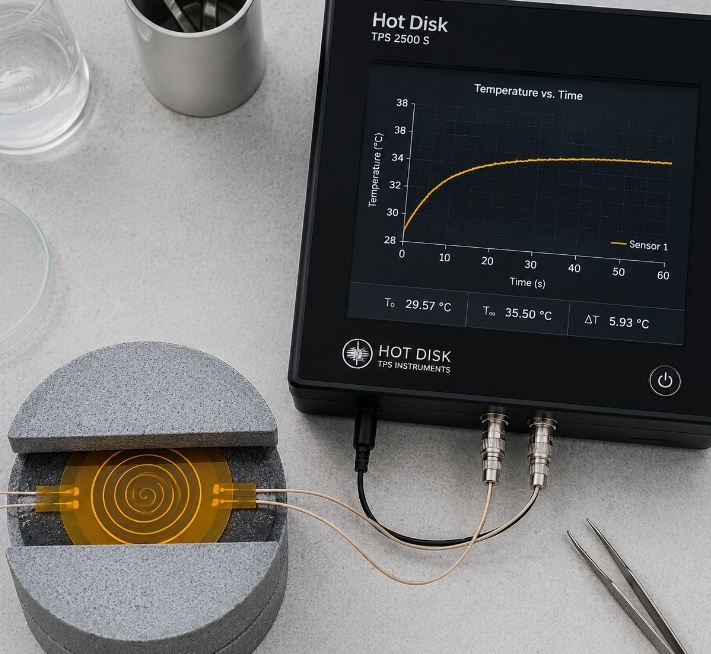 Transient plane source (Hot Disk) sensor measuring thermal conductivity between sample halves