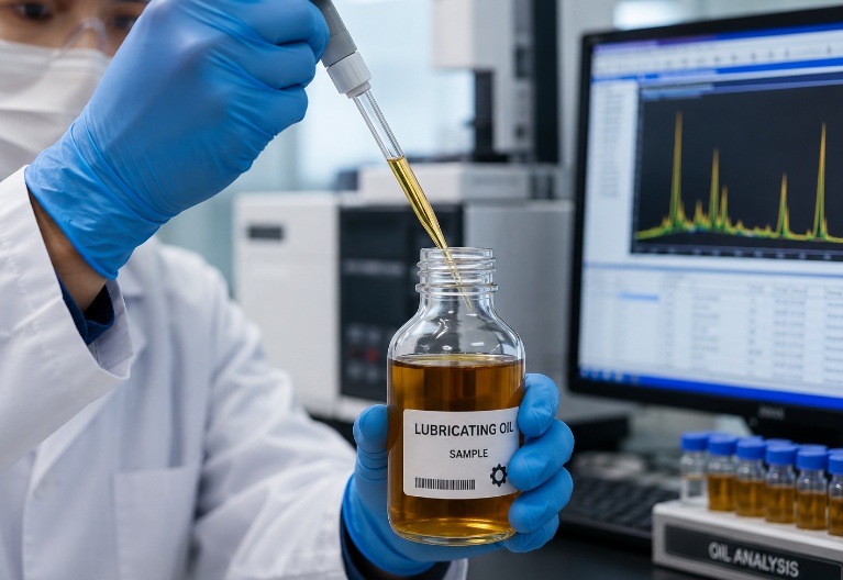 Laboratory technician preparing a lubricating oil sample for analysis