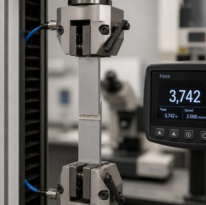 Lap shear adhesive strength test on metal specimens in a universal testing machine