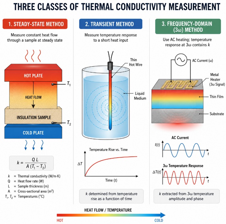 Three classes of thermal conductivity measurement methods — steady-state, transient, and frequency-domain
