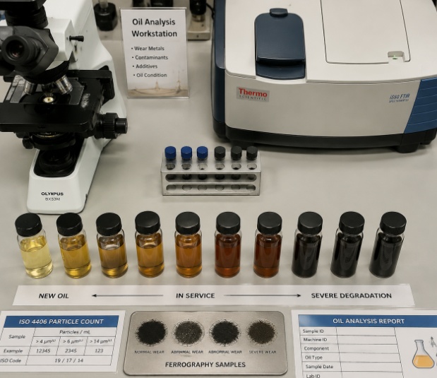 Oil analysis laboratory workstation with vials, microscope, and FTIR spectrometer
