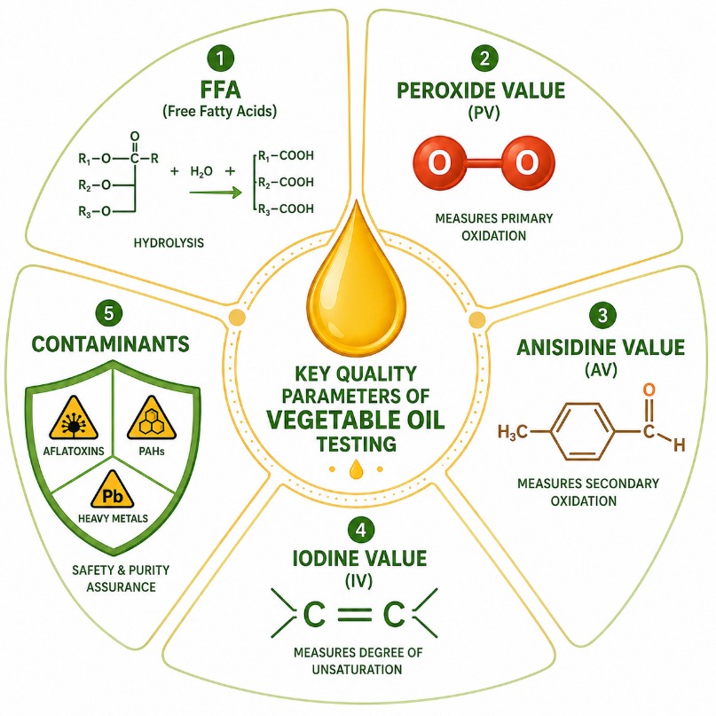 Key quality parameters in vegetable oil testing including FFA, peroxide value, anisidine value, iodine value, and contaminants