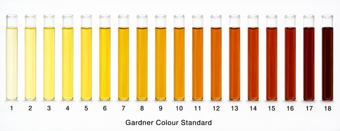 Gardner colour scale standards ranging from light yellow (1) to brownish-red (18)