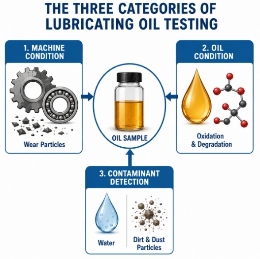 Three categories of lubricating oil testing — machine condition, oil condition, and contaminant detection
