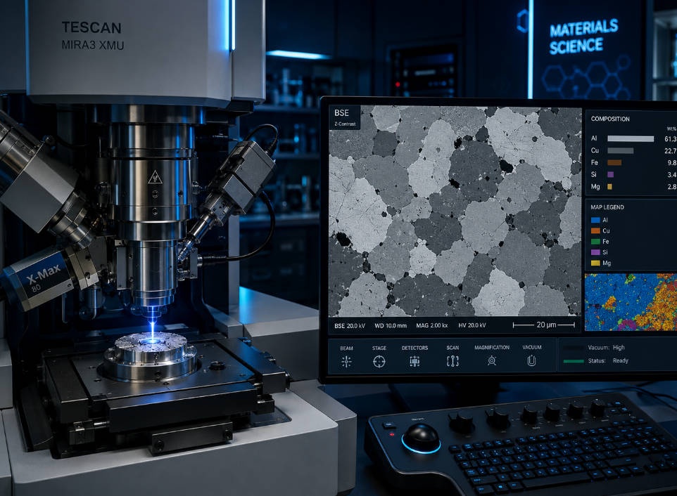 Scanning electron microscope analyzing metallographic sample with backscattered electron imaging