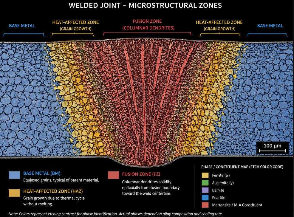 Metallographic cross-section of weld joint showing base metal, heat-affected zone, and fusion zone microstructure