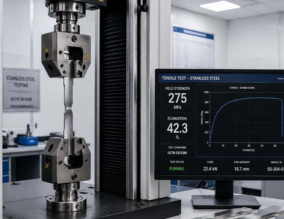 Tensile testing machine measuring mechanical properties of stainless steel specimen