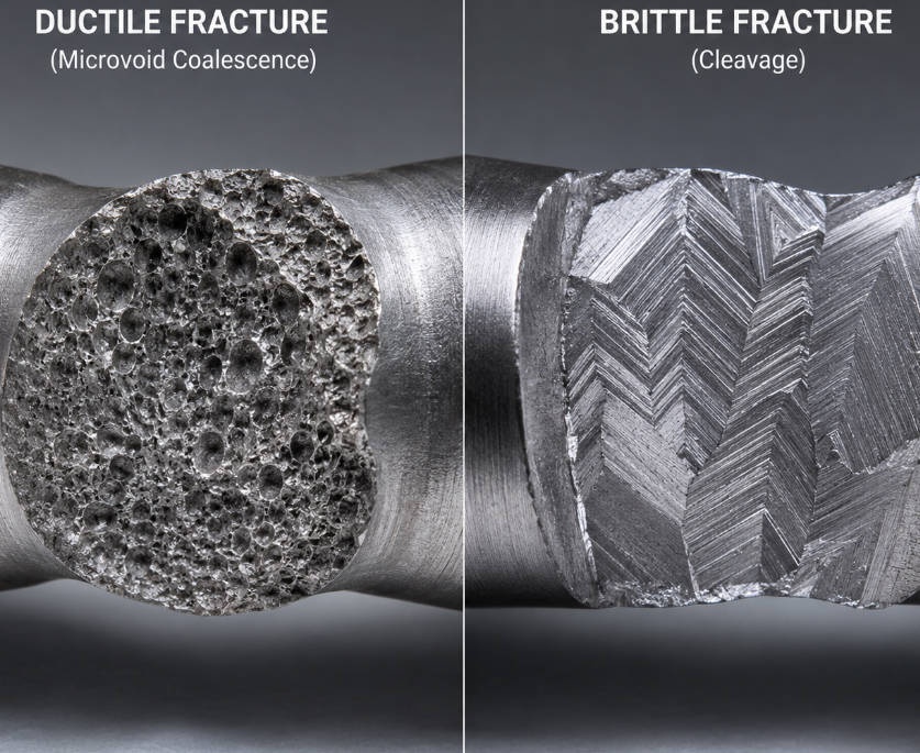Comparison of ductile and brittle metal fracture surface features