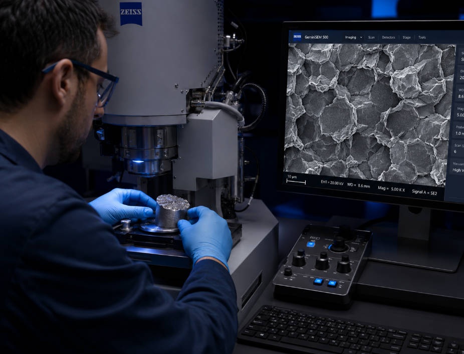 Technician performing SEM fractography analysis on a failed metal component