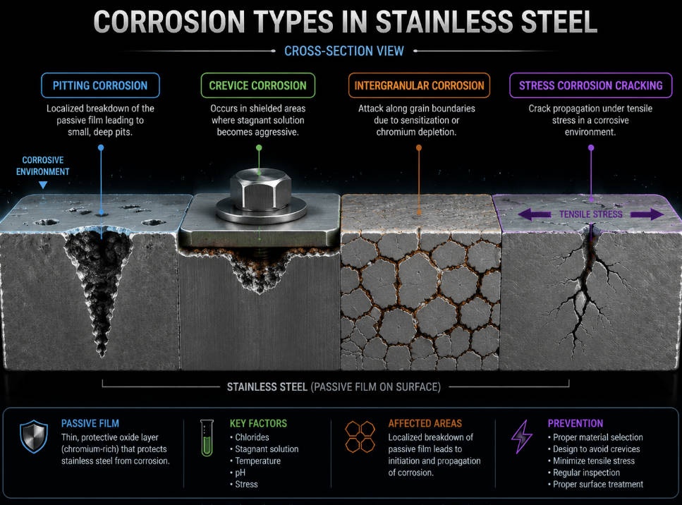 Diagram showing types of stainless steel corrosion including pitting and stress corrosion cracking