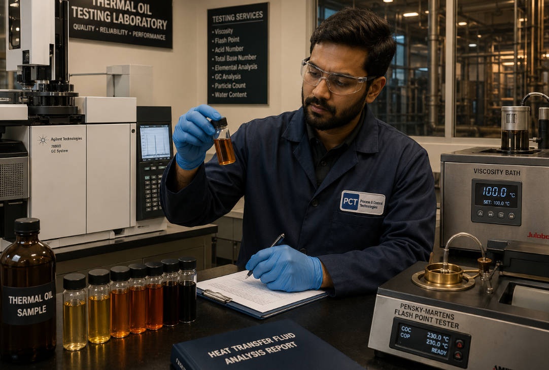 Thermal oil laboratory analysis with gas chromatography and viscosity testing equipment