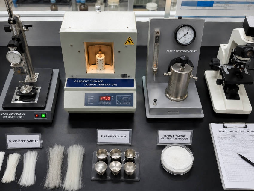 Glass testing laboratory equipment including Vicat apparatus, gradient furnace, and viscosity measurement tools
