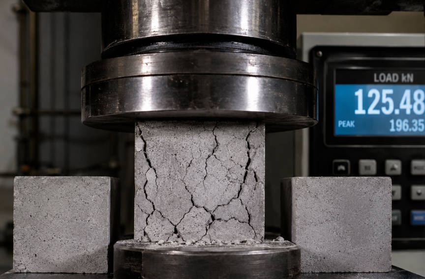 Close-up view of cement mortar cubes being compressed in a hydraulic compression testing machine. Three 50mm grey cube specimens visible, one being crushed between steel plates with fine cracks forming. Digital load display visible in background. Industrial laboratory environment, dramatic lighting highlighting the cracking cube, photorealistic, high detail, 16:9 aspect ratio.