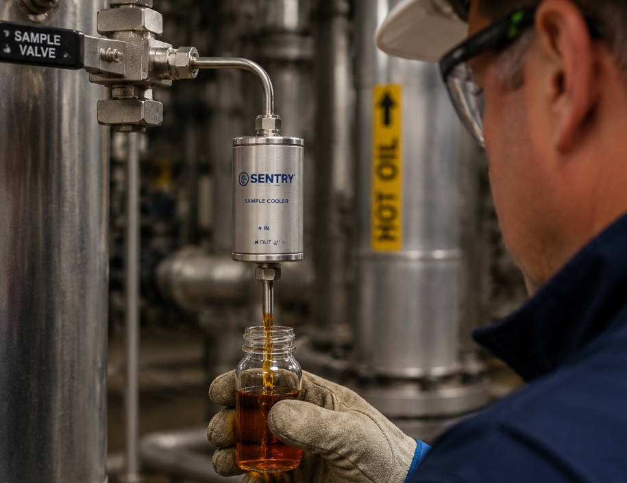 Proper thermal oil sampling technique using a sample cooler from a live system