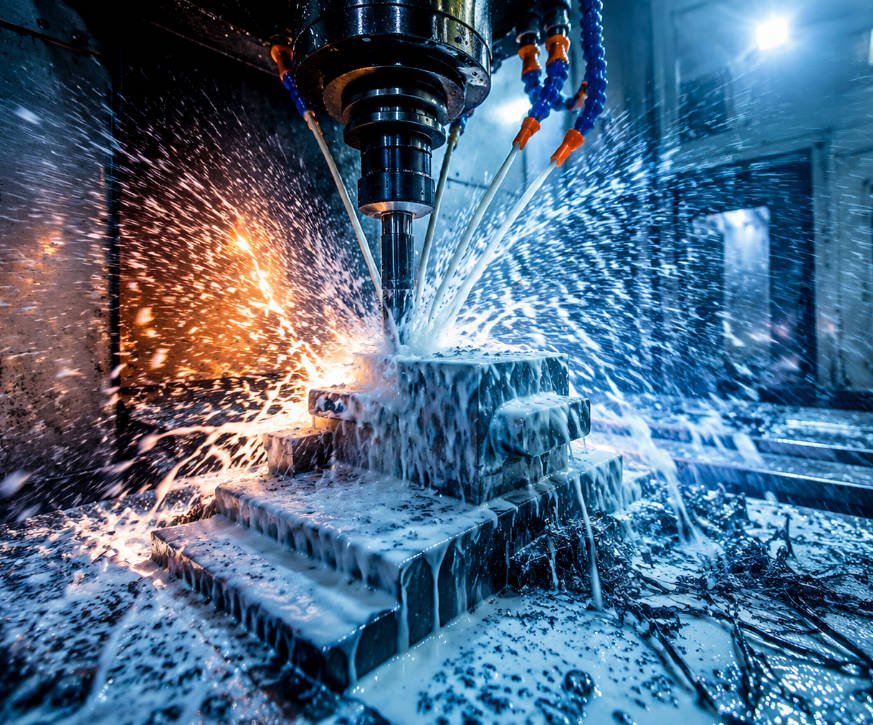 CNC machining center with cutting fluid coolant system in full operation
