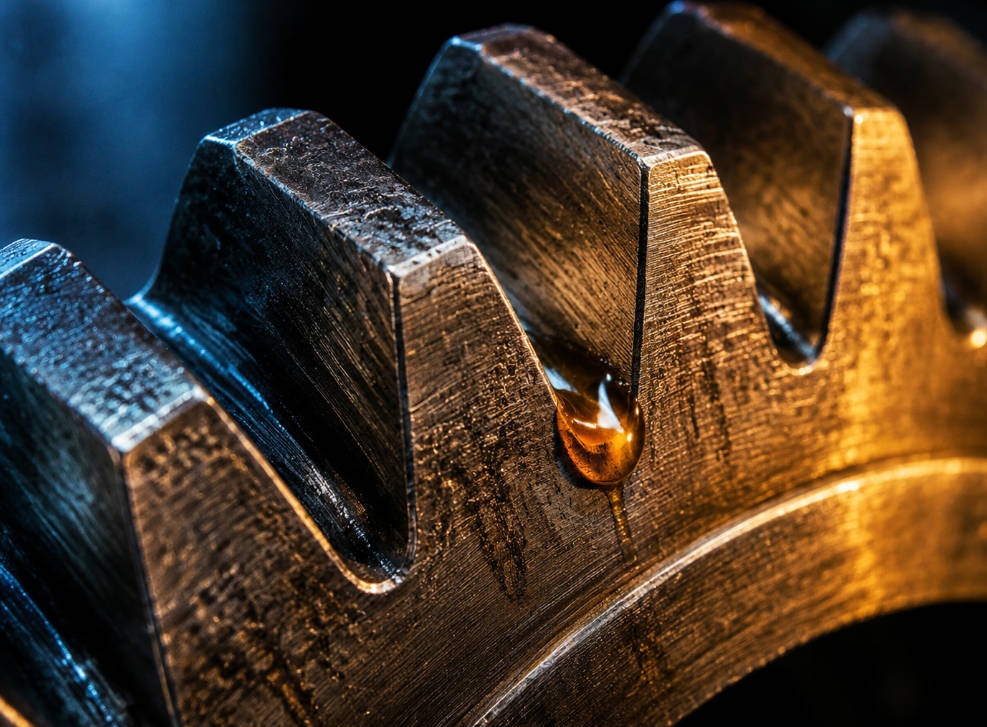 Macro view of gear tooth wear surface with lubricating oil film