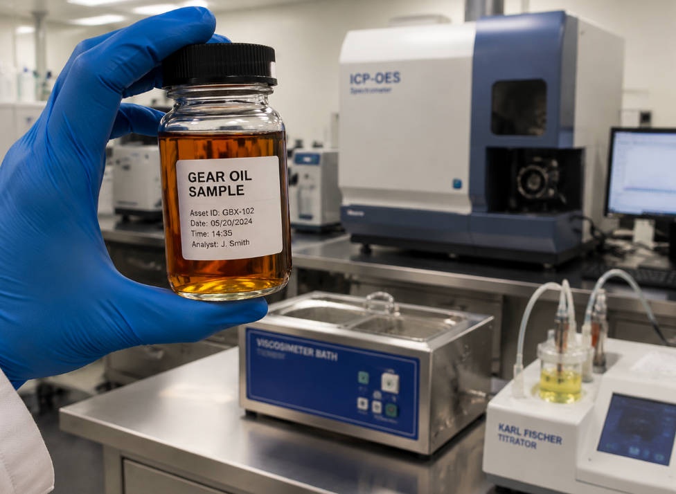 Gear oil sample being analyzed in a professional testing laboratory