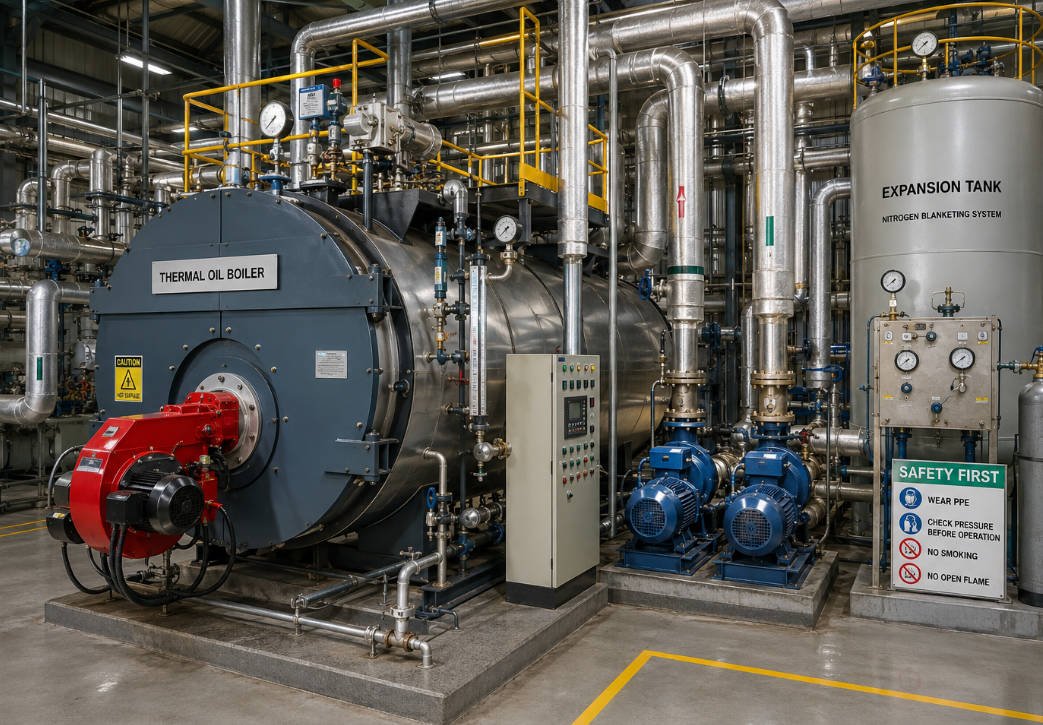 Industrial thermal oil heating system with expansion tank and circulation infrastructure