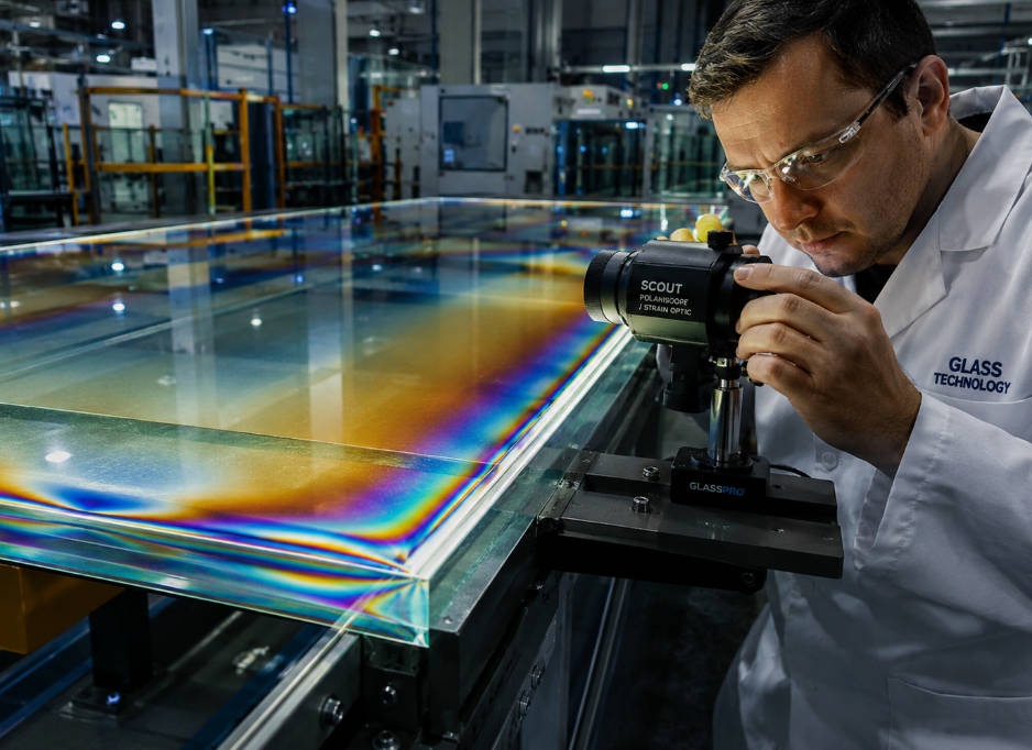 Surface stress measurement of tempered glass using polariscope showing photoelastic stress patterns  ---