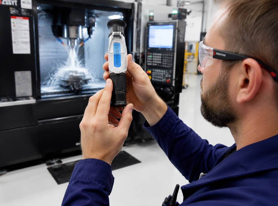 Technician measuring cutting fluid concentration with a refractometer in a CNC machine shop