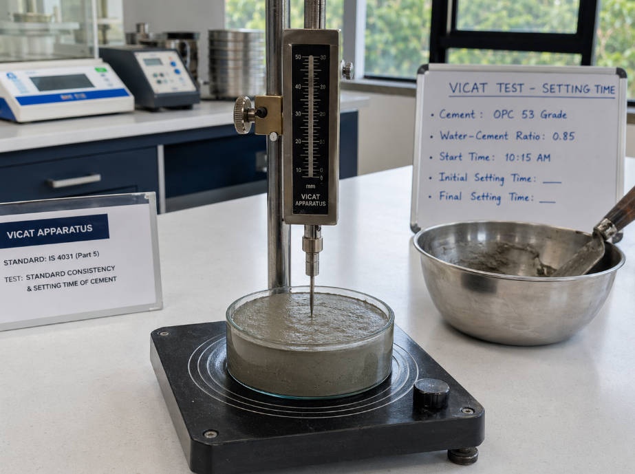 Vicat apparatus measuring cement setting time in a testing laboratory