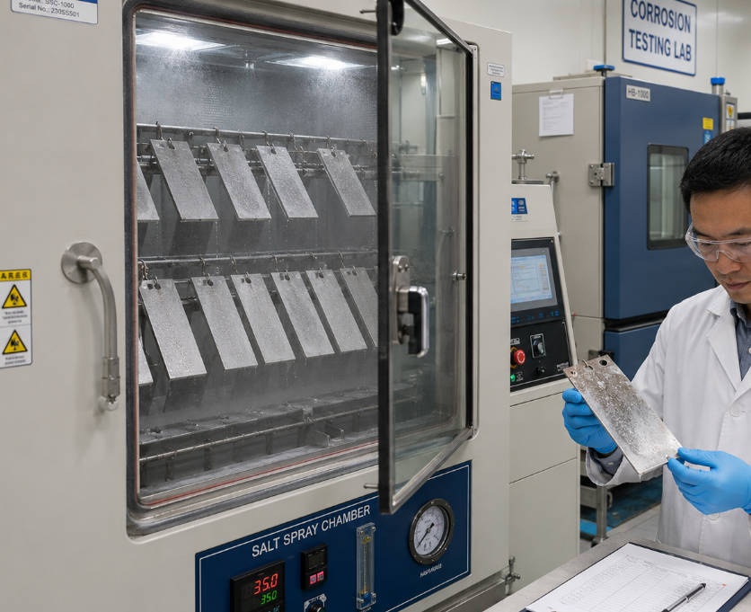  Salt spray corrosion test chamber with steel panels in a testing laboratory