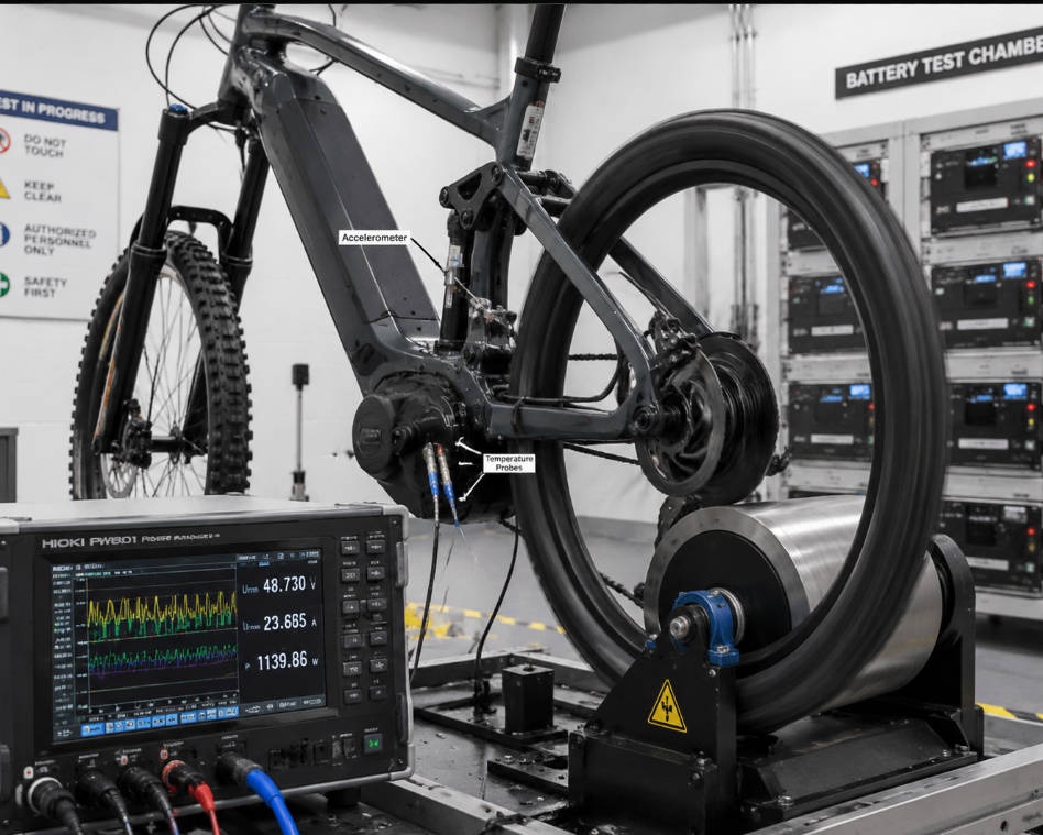 Electric bicycle mechanical and electrical testing on roller drum test rig in certification laboratory