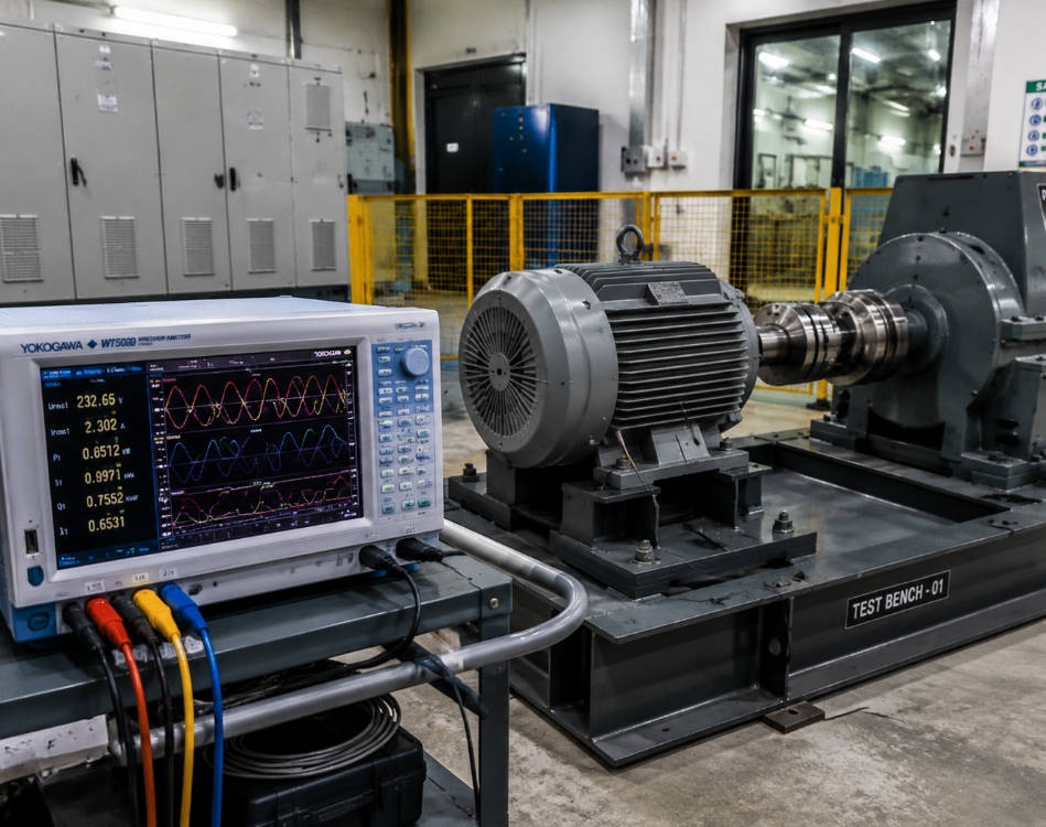 Three-phase electric motor performance testing on dynamometer test bench with power analyzer