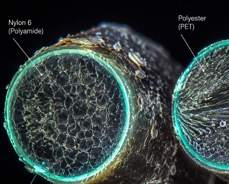 Microscopic view of carpet fibers showing PFAS surface treatment and chemical residue analysis
