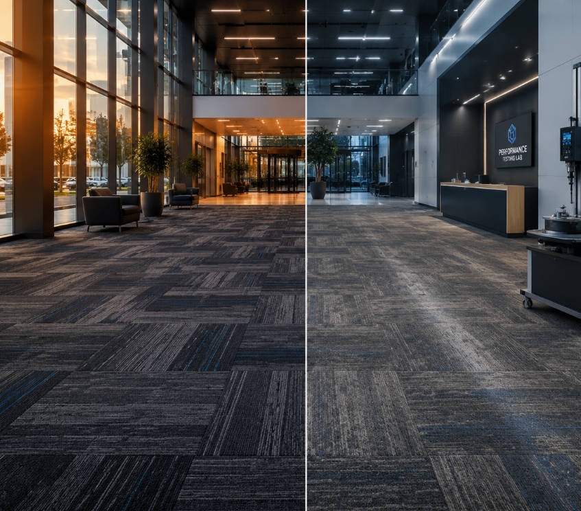 Commercial carpet installation showing before and after performance testing in office environment