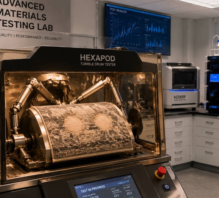 Carpet durability testing in a professional laboratory using Hexapod and chemical analysis equipment