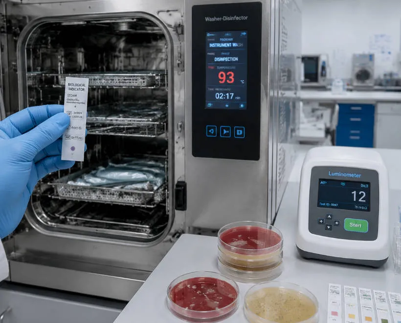 Lab technician performing biological indicator validation on a washer-disinfector in a sterile processing department
