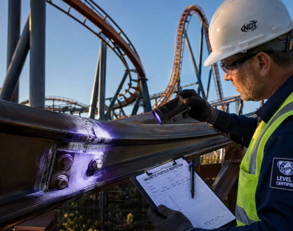 Certified engineer performing magnetic particle NDT inspection on roller coaster steel track welds