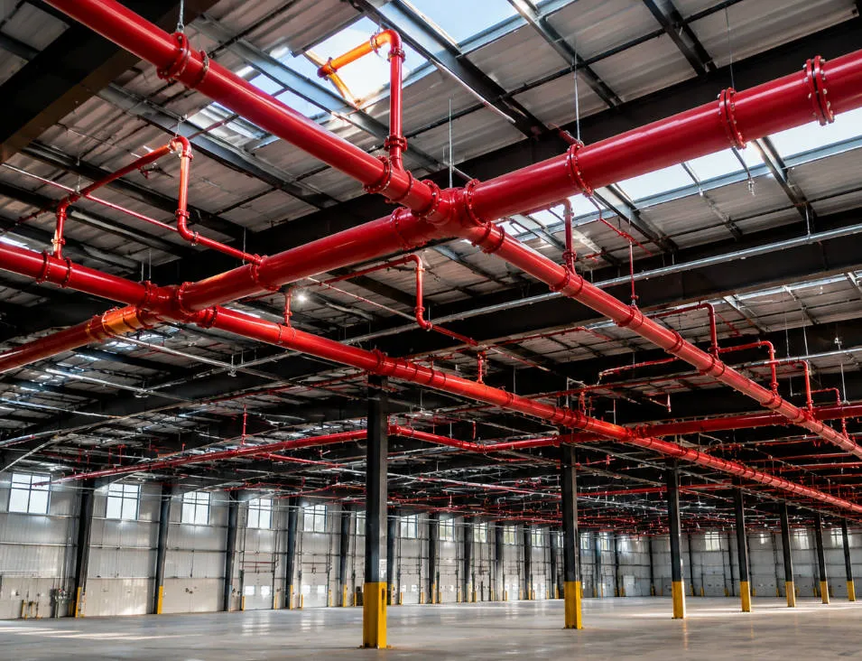 Installed fire sprinkler piping system in a commercial warehouse using grooved pipe fittings with couplings and elbows visible