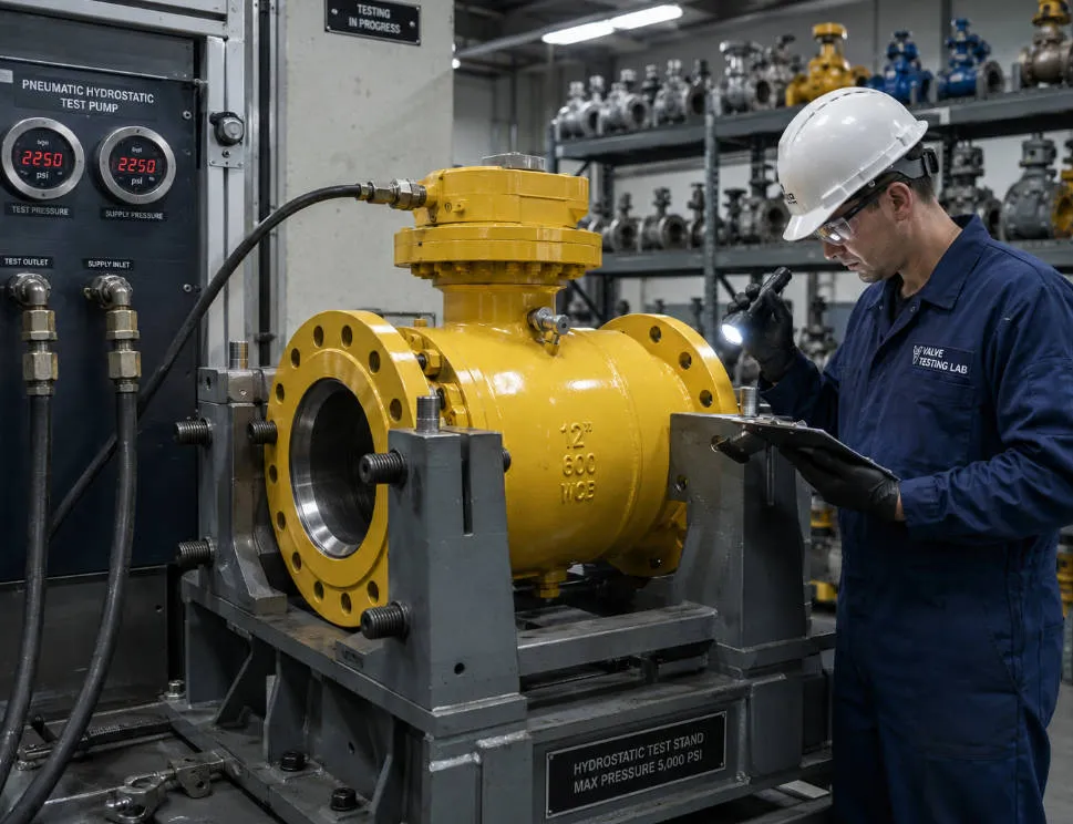 Technician performing hydrostatic shell test on 12-inch flanged ball valve in API 598 certified testing laboratory