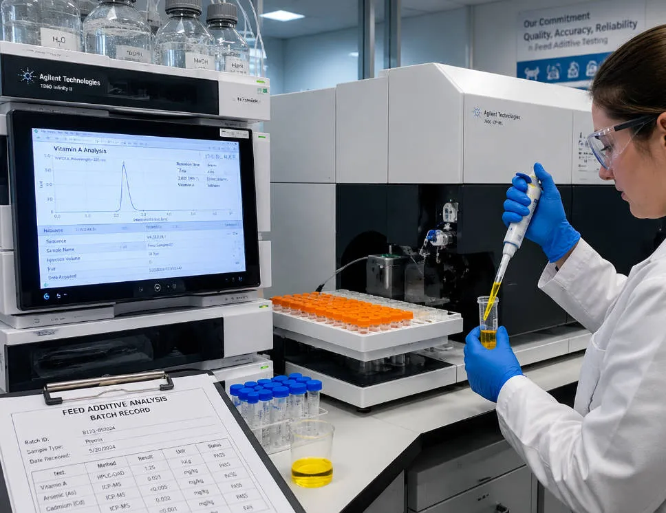 Analytical chemist operating HPLC and ICP-MS instruments for feed additive composition and heavy metal testing