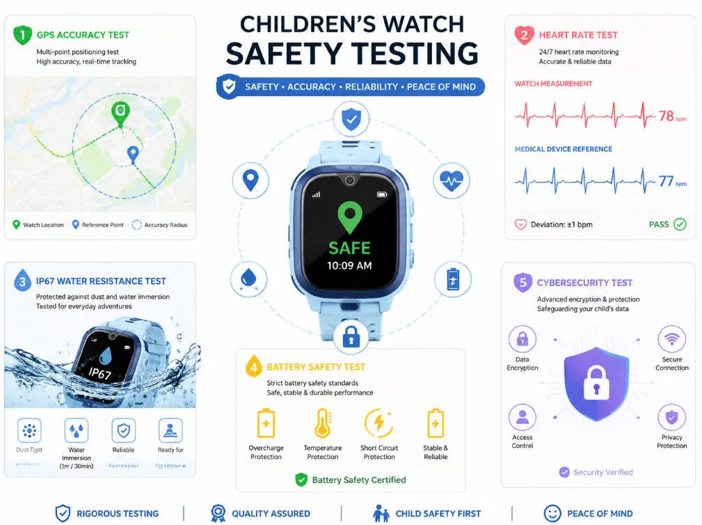 Overview of children's smartwatch testing covering GPS accuracy, heart rate, waterproofing, battery safety, and cybersecurity