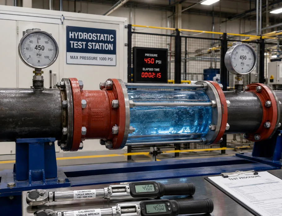 Hydrostatic pressure testing setup for grooved pipe fittings in an industrial laboratory with pressure gauges and calibrated equipment