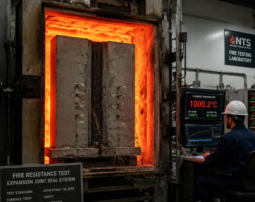 Fire resistance furnace test setup for expansion joint seal specimen with thermocouples and digital monitoring equipment