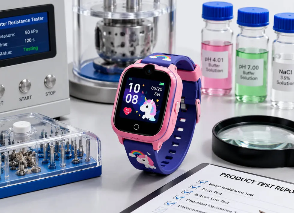 Children's watch safety testing equipment including small-parts cylinder and chemical analysis vials