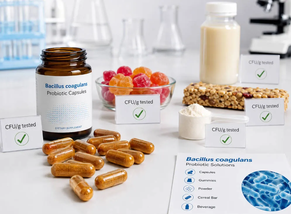 Various probiotic product formats containing Bacillus coagulans including capsules, gummies, powder sachets, and fortified food products arranged on a testing bench