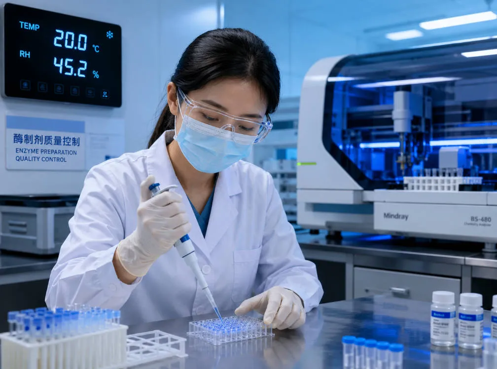 Scientist conducting enzyme preparation activity assay in a modern QC laboratory using microplate and automated analyzer